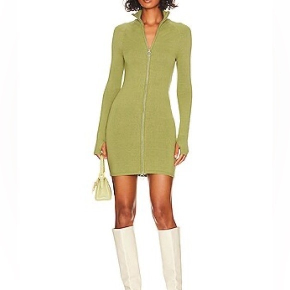 Song of Style Olive Green Knit Mini Dress Long Sleeve Full Zip Up Sz S